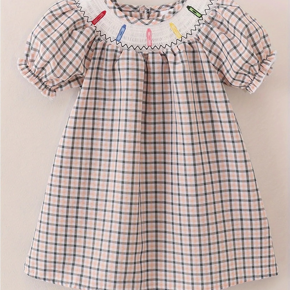 Charming Checkered Kids Dress with Embroidered Collar